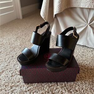 Tory Burch Black Leather Wedge Sandals